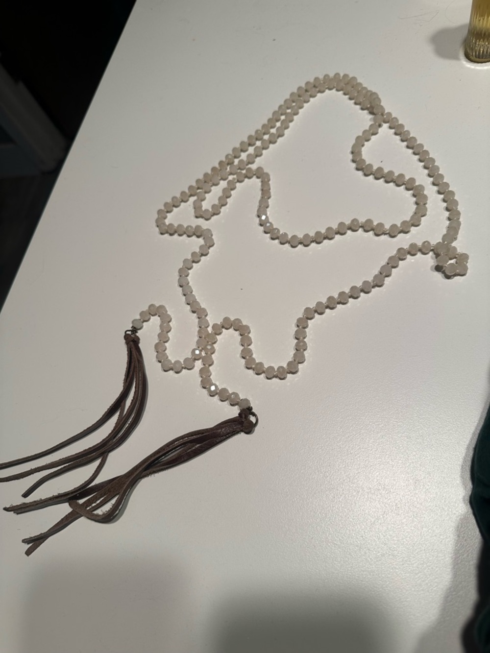 Beaded Tassel Necklace - Cream Beads with Brown Tassels